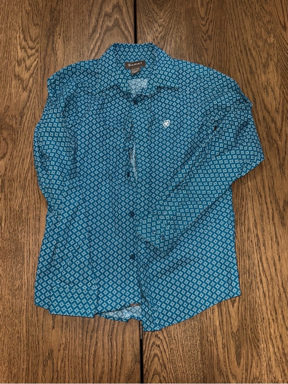 Boys Ariat Teal Geometric Print Button-Down Shirt SZ L 14/16